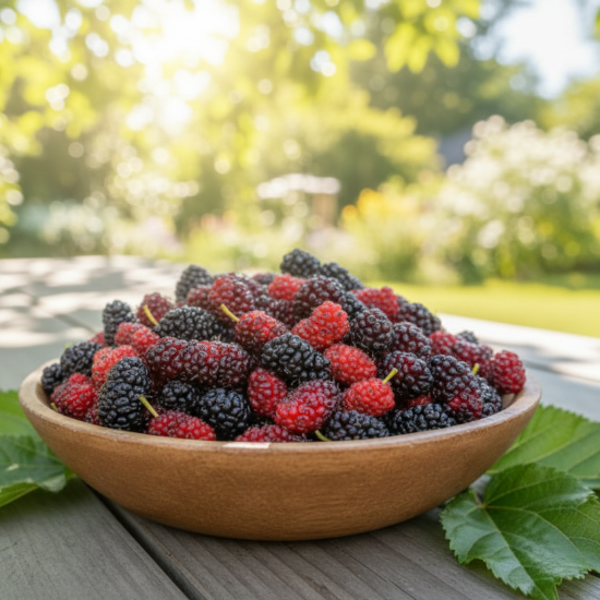 bowl of freshly picked mulberries on a bright sunny, summer day
