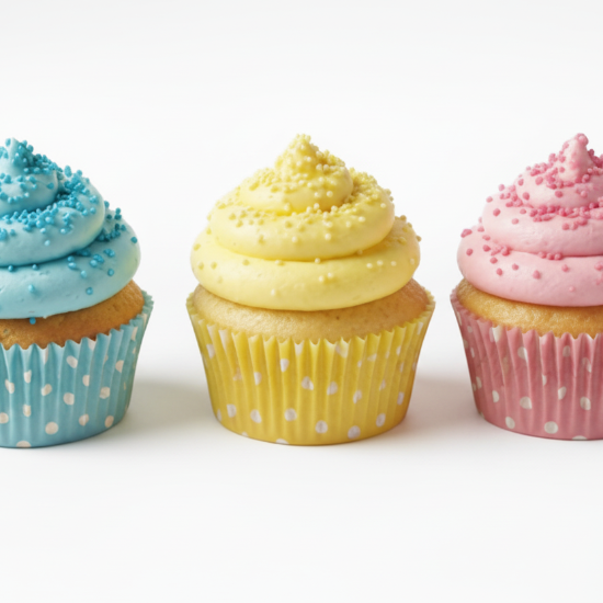 Three cupcakes with buttercream frosting and polka dot wrappers on a white background. sprinkles on the cupcakes match the color of their wrapper