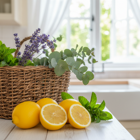 lemons. fresh lavender, eucalyptus and spearmint bundled in a woven basket. 