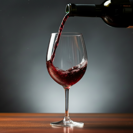 Red wine being poured into a glass with a dark background