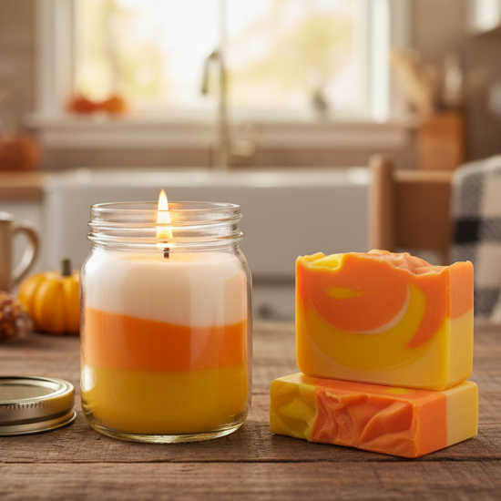 Candle in a glass jar and two pieces of candy corn-themed soap on a wooden surface with a blurred background.
