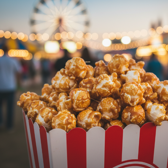 Box of popcorn with a blurred carnival background