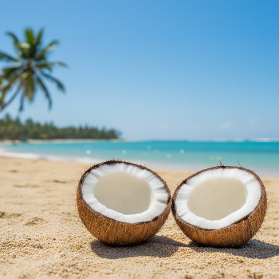 Split coconut on a beach.