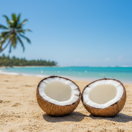 Split coconut on a beach.