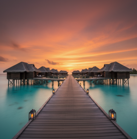 Wooden dock extending into a body of water with overwater bungalows at sunset.