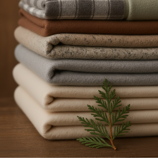 Stack of folded fabrics in neutral colors with a green leaf on a wooden surface