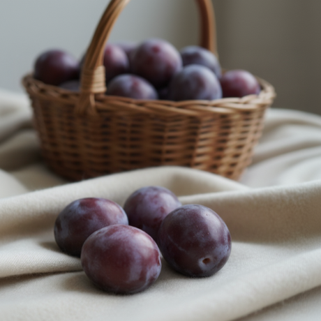Plums on a cashmere surface with a basket of plums in the background. soft and calming. 
