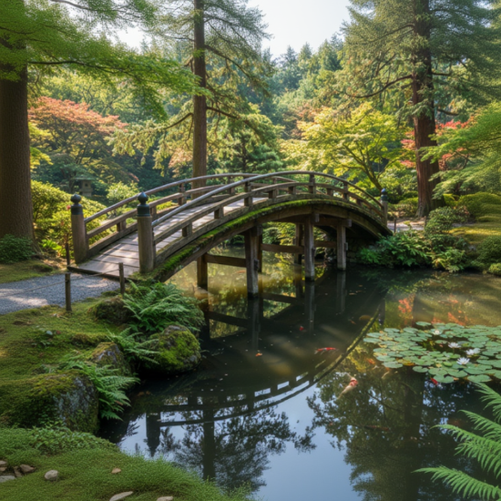 Traditional Japanese bridge over a pond with greenery. cedar trees. vibrant