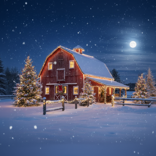Christmas-themed farm outdoor scene with decorated trees and a barn at night.