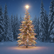 snowy forest with single lit Christmas tree