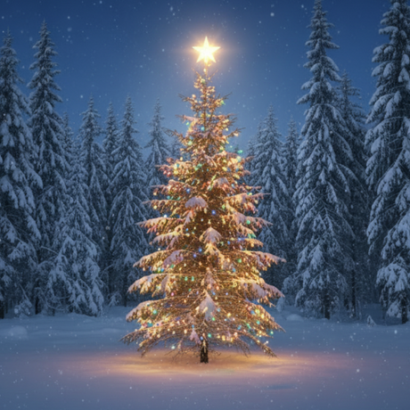 snowy forest with single lit Christmas tree