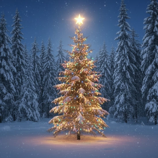 snowy forest with single lit Christmas tree