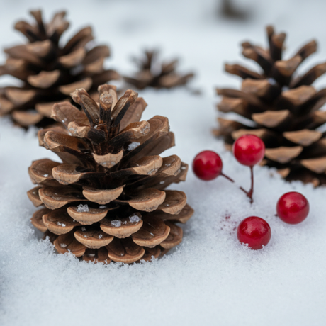 close up of pinecones in the snow. with little red berries scattered