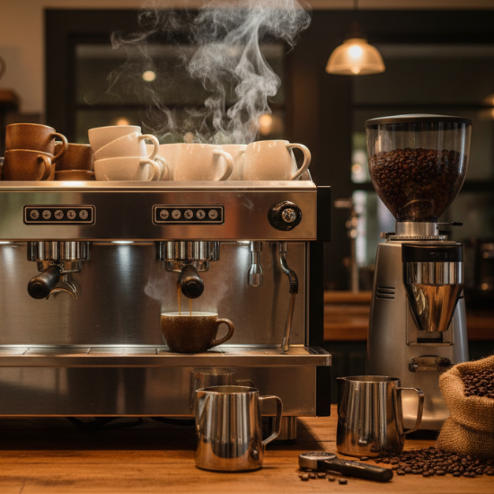 Espresso machine with steaming cups and coffee grinder in a kitchen setting