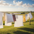 laundry hung outside on a clothesline to dry on a sunny day in the country. 