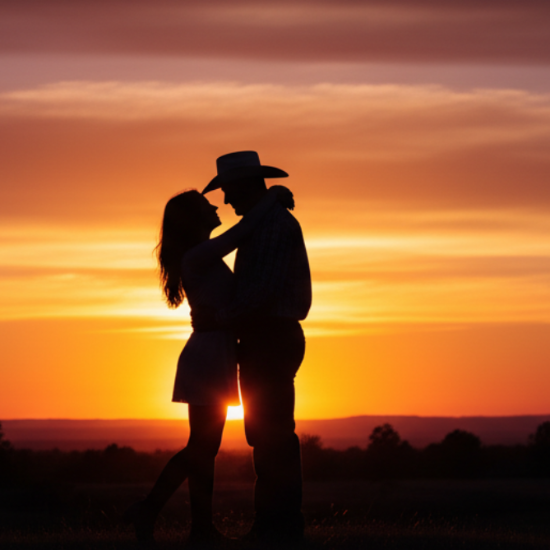 Silhouette of a couple embracing against a sunset sky. vibrant purples and oranges. he is a cowboy