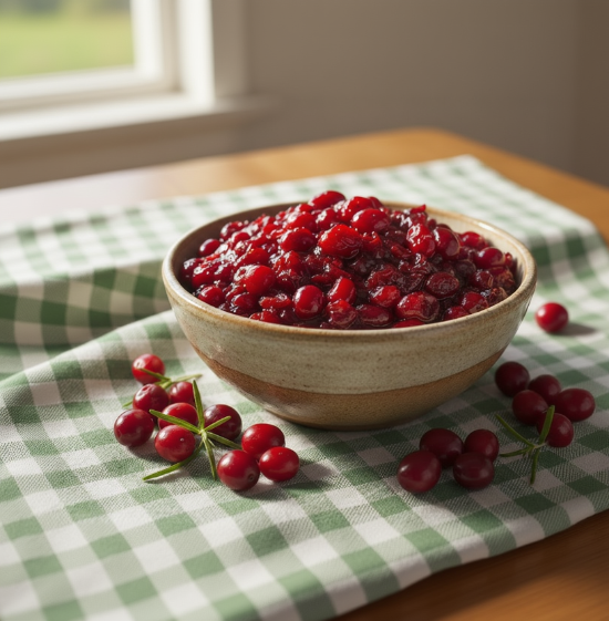 Jar of cranberry chutney with cranberries on a green and white gingham cloth