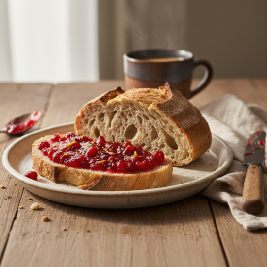 sourdough bread with a generous topping of cranberry marmalade. setting is a breakfast table. 