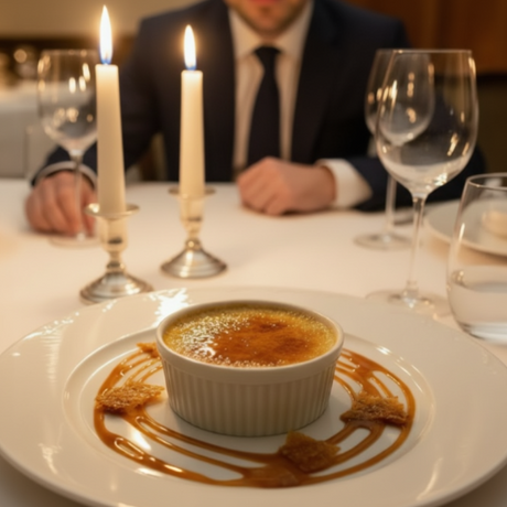 Indulgent, rich, and decadent caramel creme brûlée. setting is a candlelit dinner at a fine restaurant 