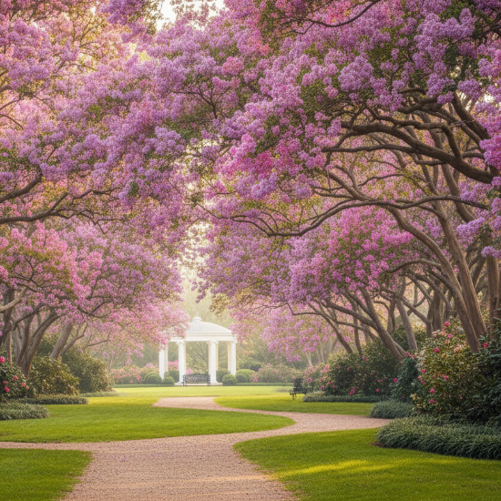 Southern garden full of purple crepe myrtles in full bloom