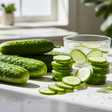 whole and sliced cucumbers on a white countertop. bight and sunny
