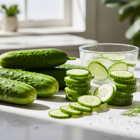 whole and sliced cucumbers on a white countertop. bight and sunny