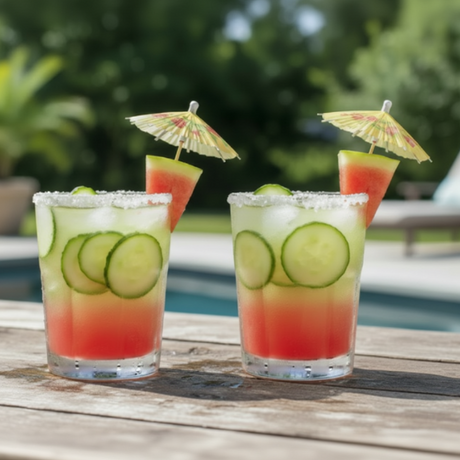 Two glasses of cucumber watermelon-themed cocktails with umbrellas on a wooden surface.