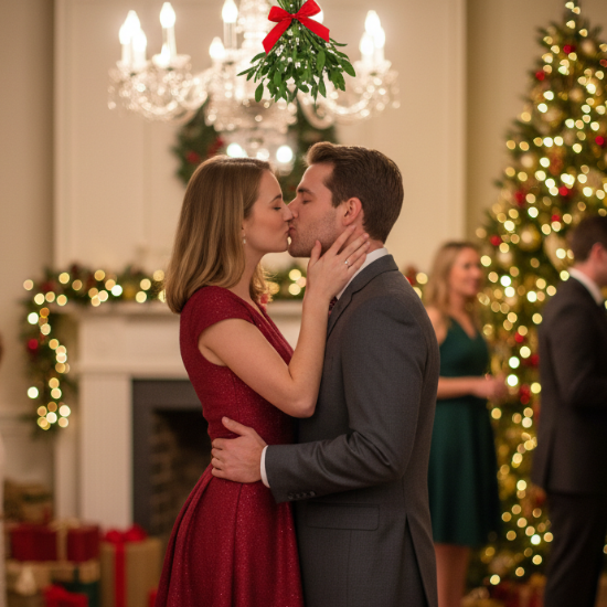 cute couple sneaking a kiss at a holiday party under the mistletoe
