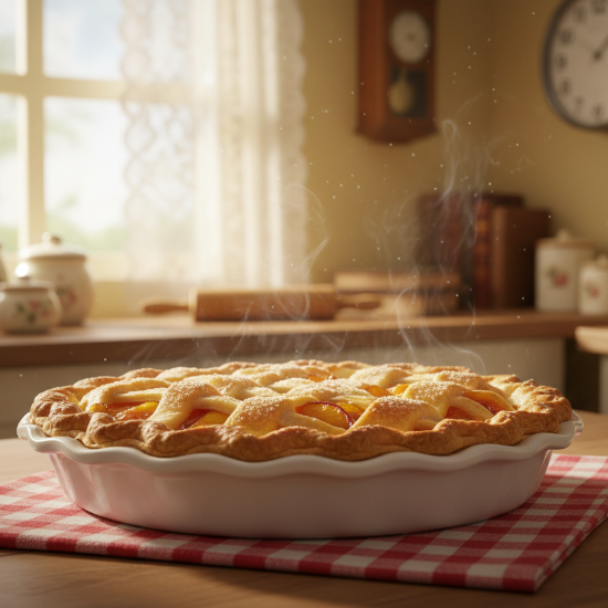 delicious, freshly baked peach pie sitting on table in grandma's kitchen