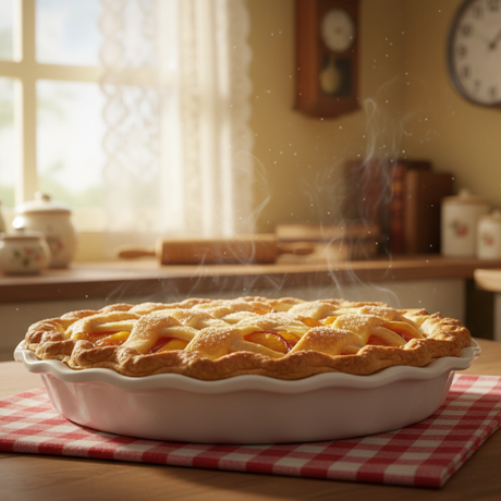 delicious, freshly baked peach pie sitting on table in grandma's kitchen