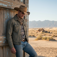 man cowboy leaning against a wooden wall with desert landscape in the distance