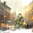 Decorated Christmas tree in a snowy city street with people around