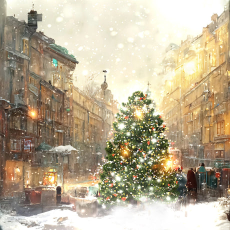Decorated Christmas tree in a snowy city street with people around