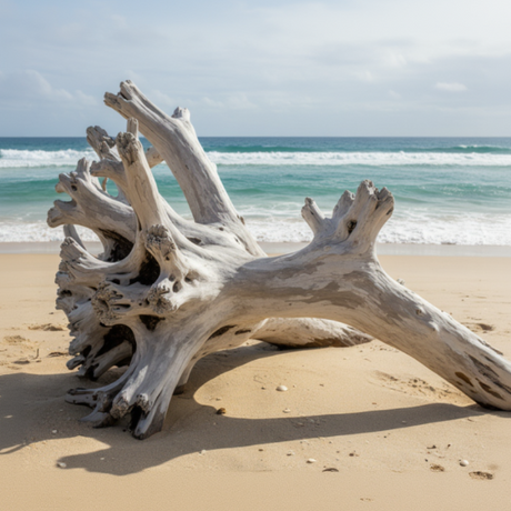 driftwood, sun-bleached and shaped by wind and time on a beach with ocean in the background