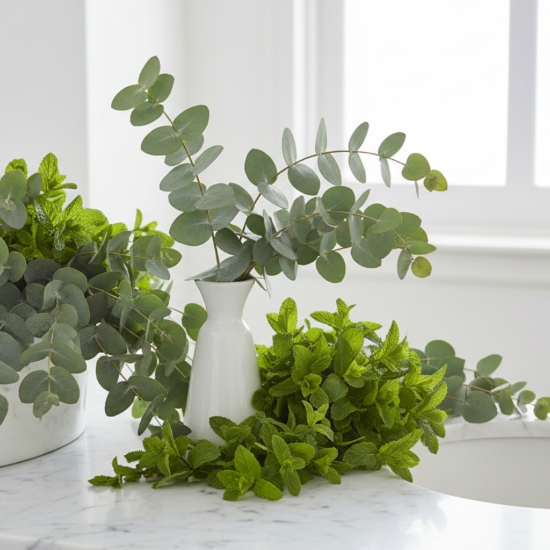 eucalyptus and spearmint in a white room 