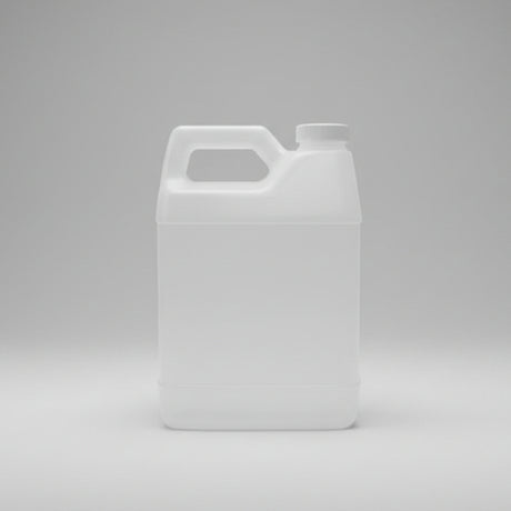 Clear plastic container with a white cap on a dark gray background