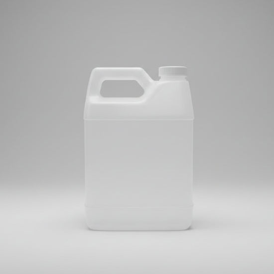 Clear plastic container with a white cap on a dark gray background