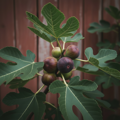 Figs on a tree branch with green leaves against a wooden fence background