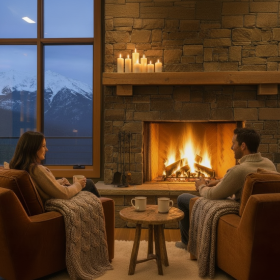couple sitting beside warm fireplace at a mountain lodge