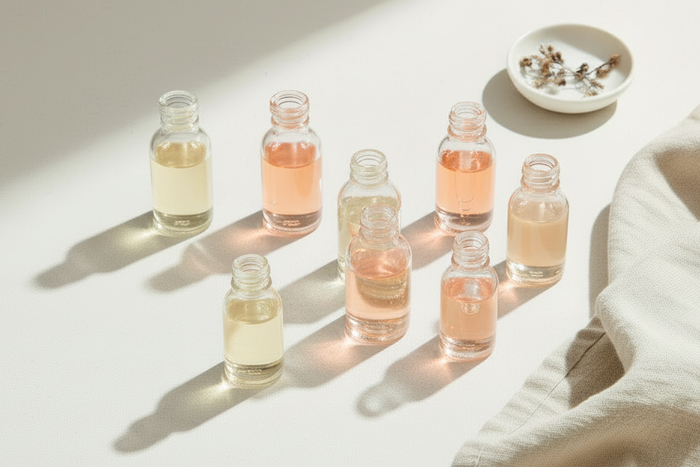 Set of clear glass bottles on a light surface with a spoon and small dish.