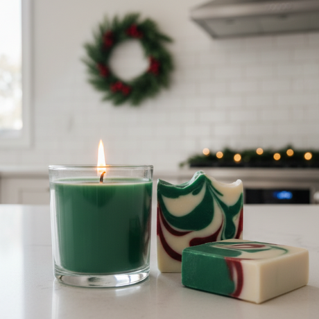 Green candle and soap bars with festive wreath in the background