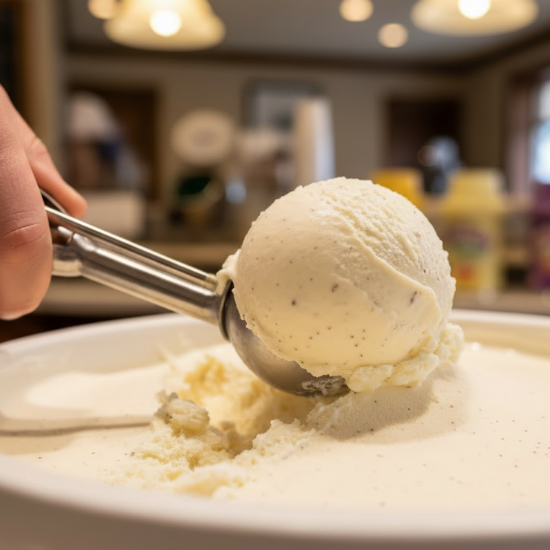 person in an ice cream shop scooping vanilla ice cream