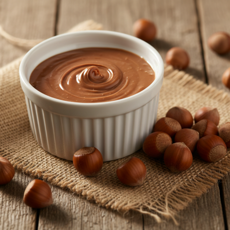 bowl of hazelnut cream on a table with hazelnuts