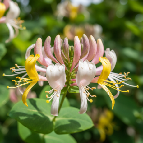 close up of honeysuckle flowers in the wild. bright and vibrant