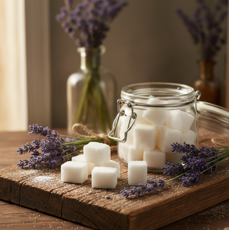 Sugar cubes on a wooden board with lavender flowers and a glass jar in the background.