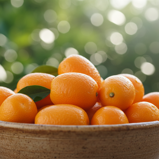 Bowl of kumquats with a blurred green background