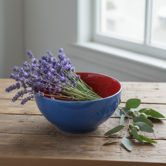 cornflower blue bowl with contrasting red interior filled with lavender on a table with eucalyptus