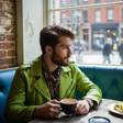 young man sitting at a table drinking coffee. wearing a leather lime green jacket.