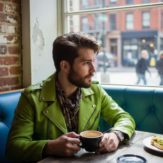 young man sitting at a table drinking coffee. wearing a leather lime green jacket.