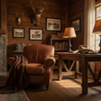 leather chair in a study with dark suede blanket draped over the chair. this is set in a montana ranch house. a cowboy hat and leather clove are on a table nearby.
